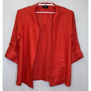 Luii Open Front Blazer Jacket Womens Size Large Red 100% Linen 3/4 Sleeve Pocket
